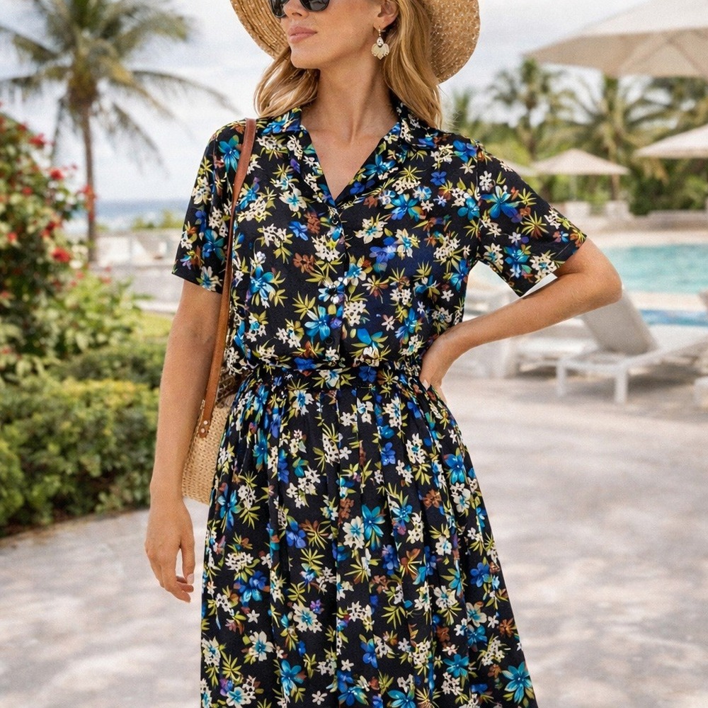 Vintage 90s Sag Harbor‎ Petite Floral Set M Black Tropical Blouse Skirt Coastal